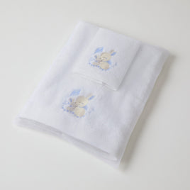 BLUE BUNNY TOWEL AND FACEWASHER IN ORGANZA BAG